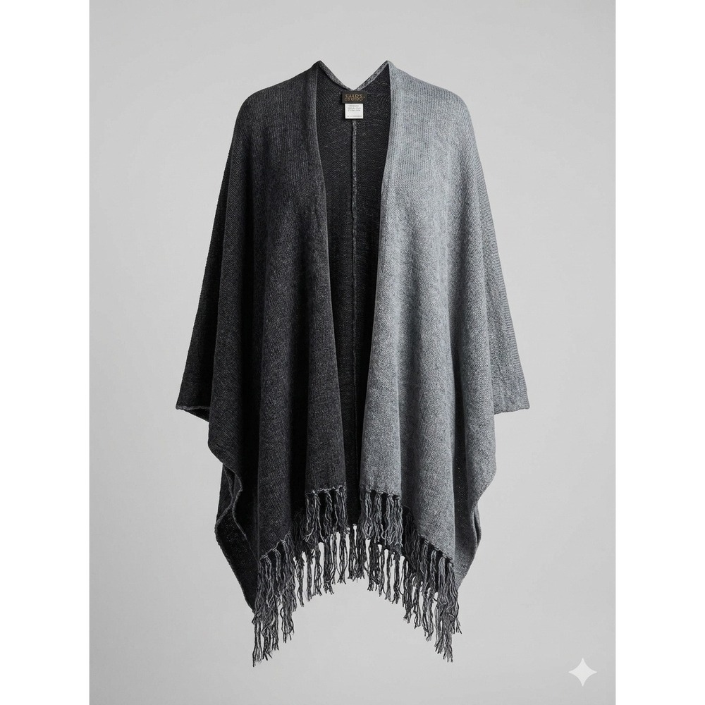 Salon Studio Womens Gray Color Block Knit Fringe Wrap Poncho Sweater- OSFA